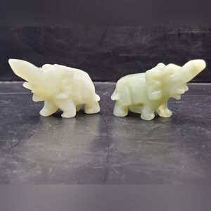 Vintage Pair Carved Green Stone Elephant Figurines Mini Jade-Style 2” Decor